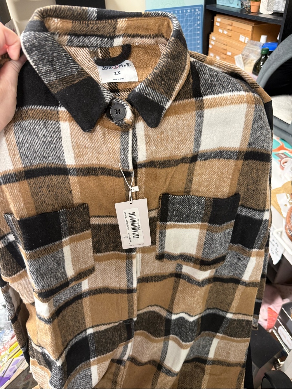 Loose Fit Plaid Shacket Jacket - Camel/Black/White - 2X